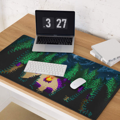 Black pixel art night forest gaming mouse pad large with campfire scene