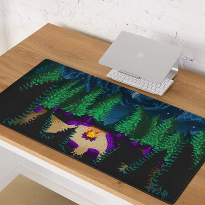 Night Forest Pixel Art gaming mouse pad with glowing tan creature and pine trees
