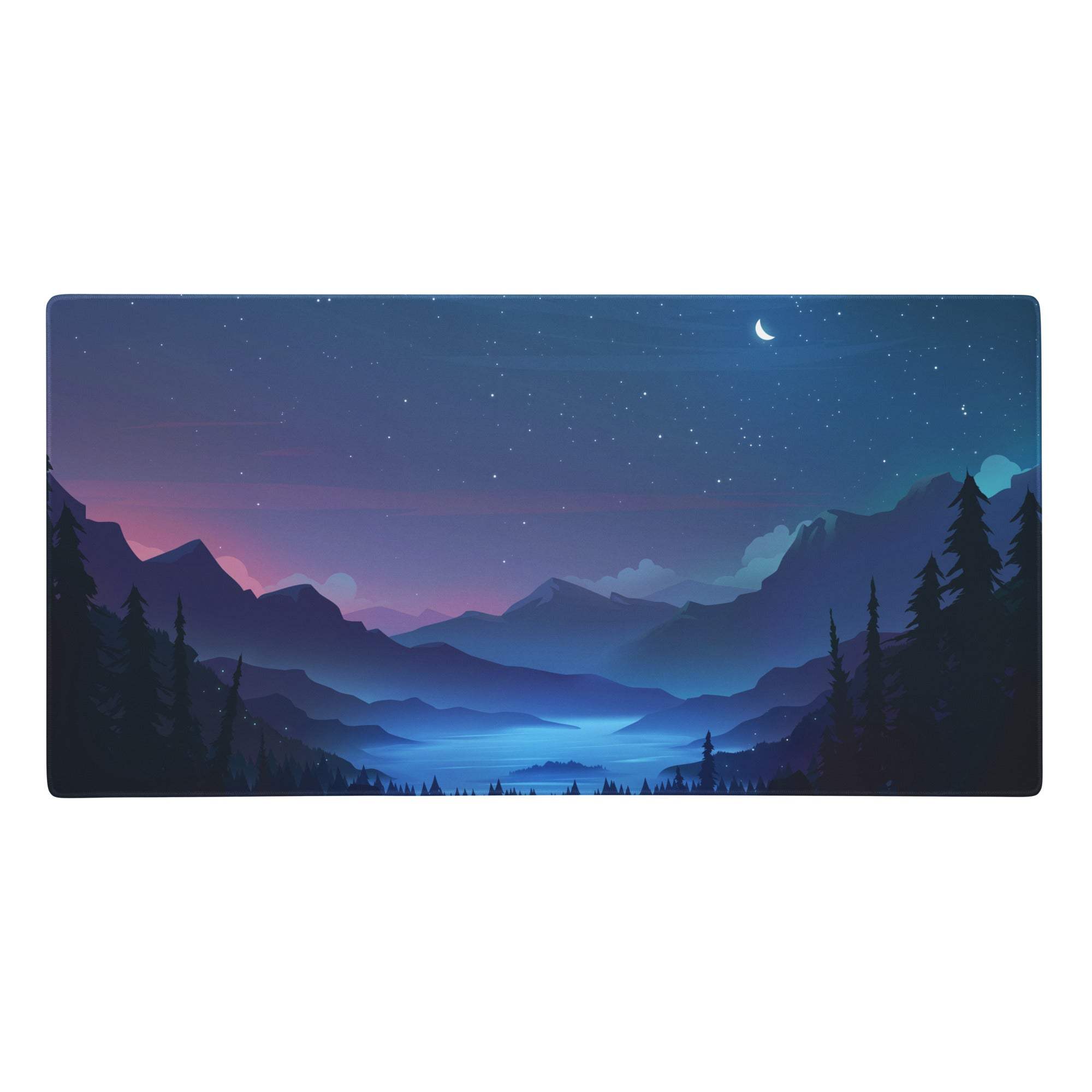 A rectangular blue and purple gaming mousepad with a serene night sky mountain landscape and glowing lake design