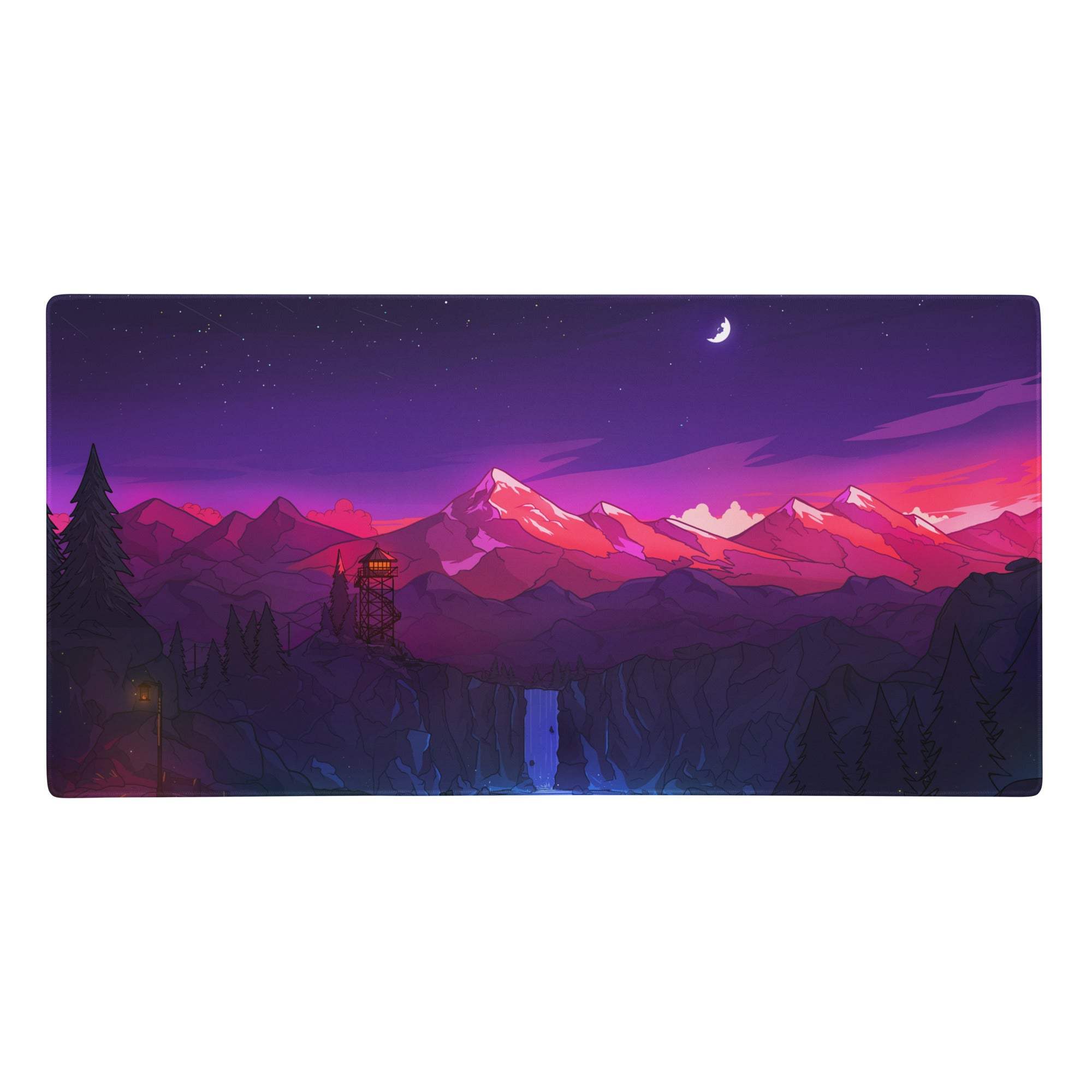 Purple mountain night sky large gaming mousepad with vibrant stylized mountain landscape under starry twilight sky