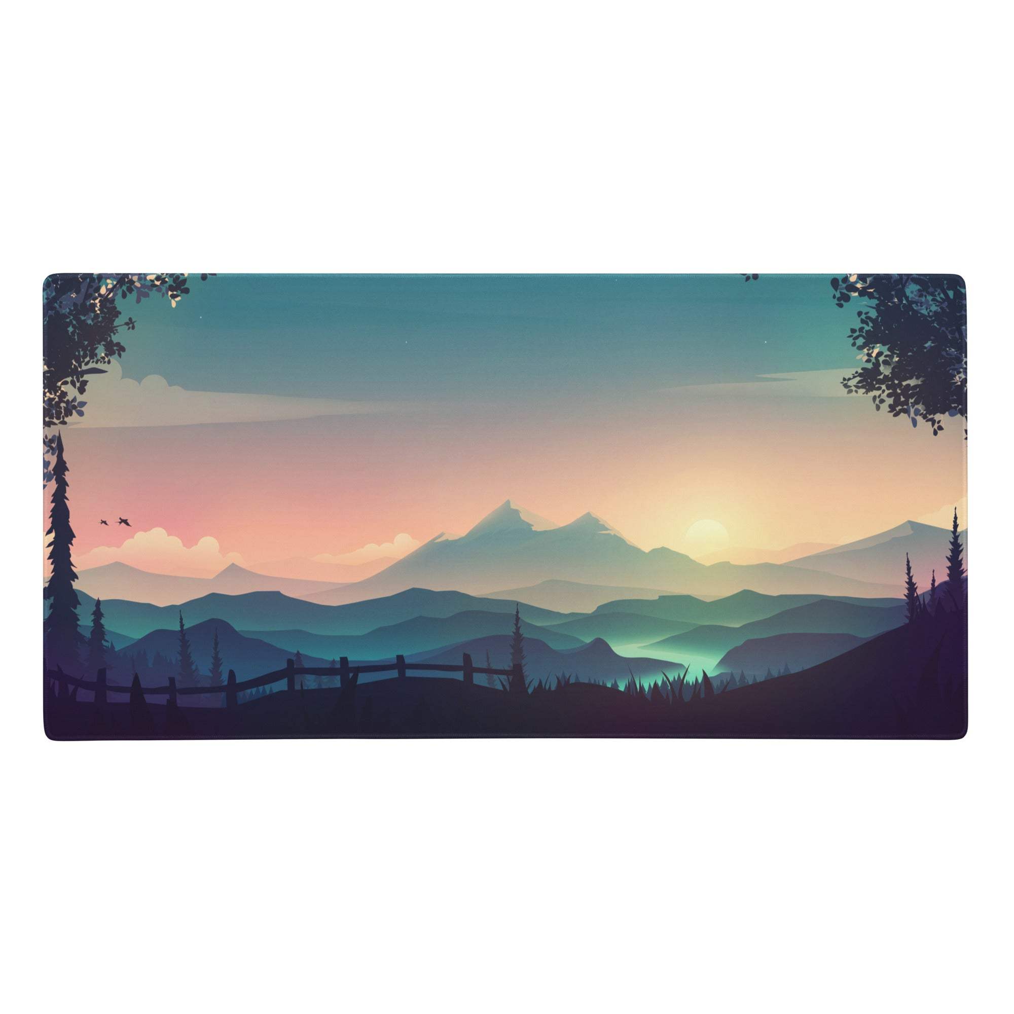 Rectangular gaming mousepad with serene mountain landscape at sunset featuring pastel teal peach sky and layered peaks