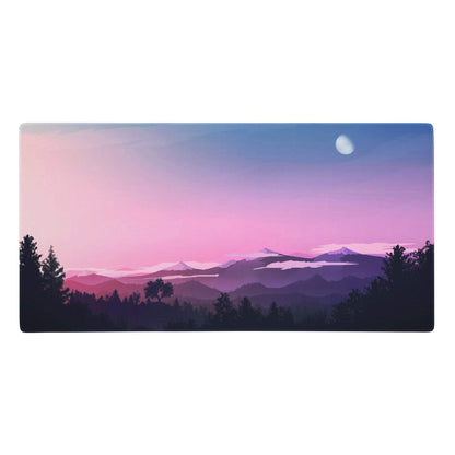 Pastel mountain sunset mouse pad featuring a serene pink and purple mountain landscape under a twilight sky with a crescent moon