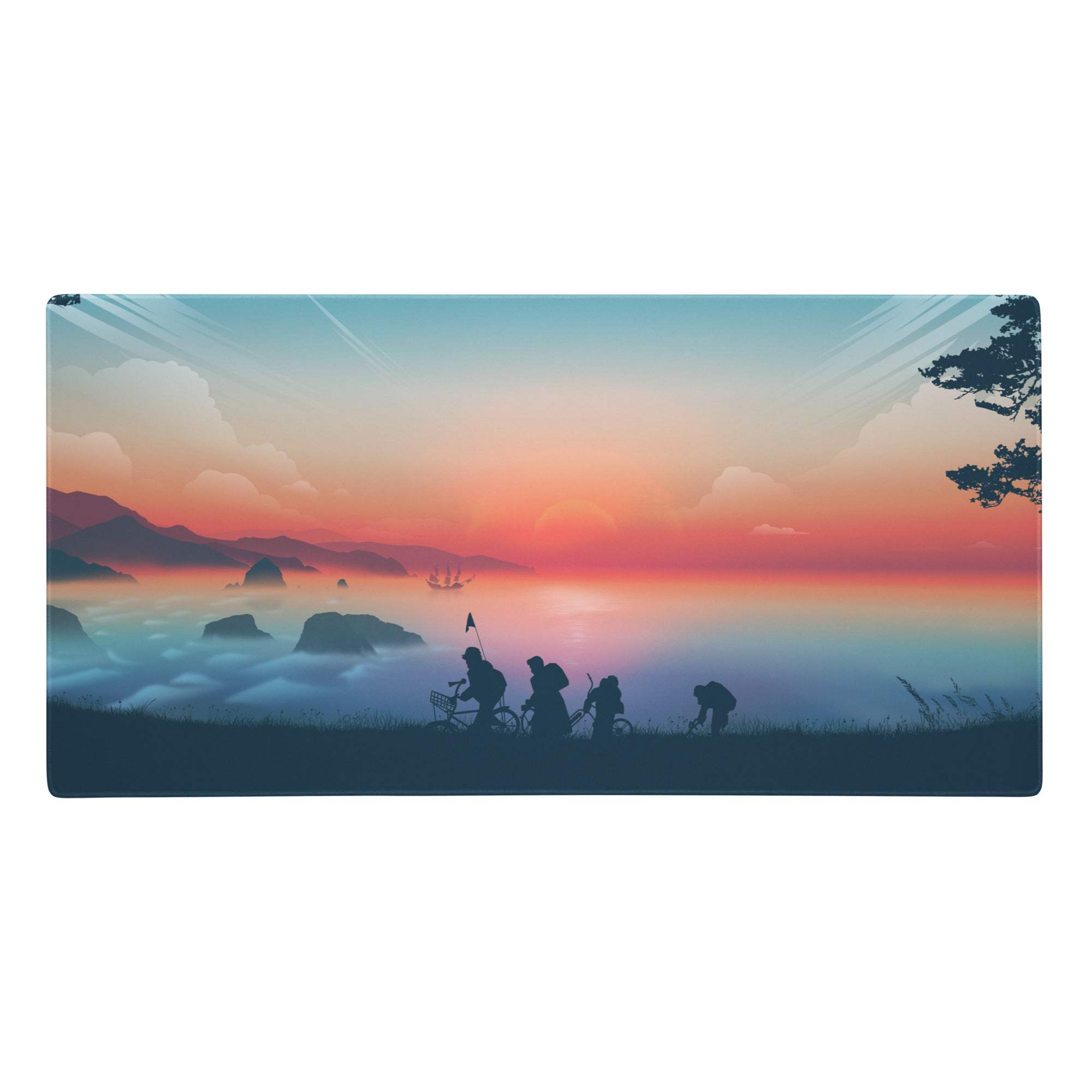 Rectangular gaming mousepad with serene sunset over water and silhouetted cyclists in orange pink hues for gaming desk