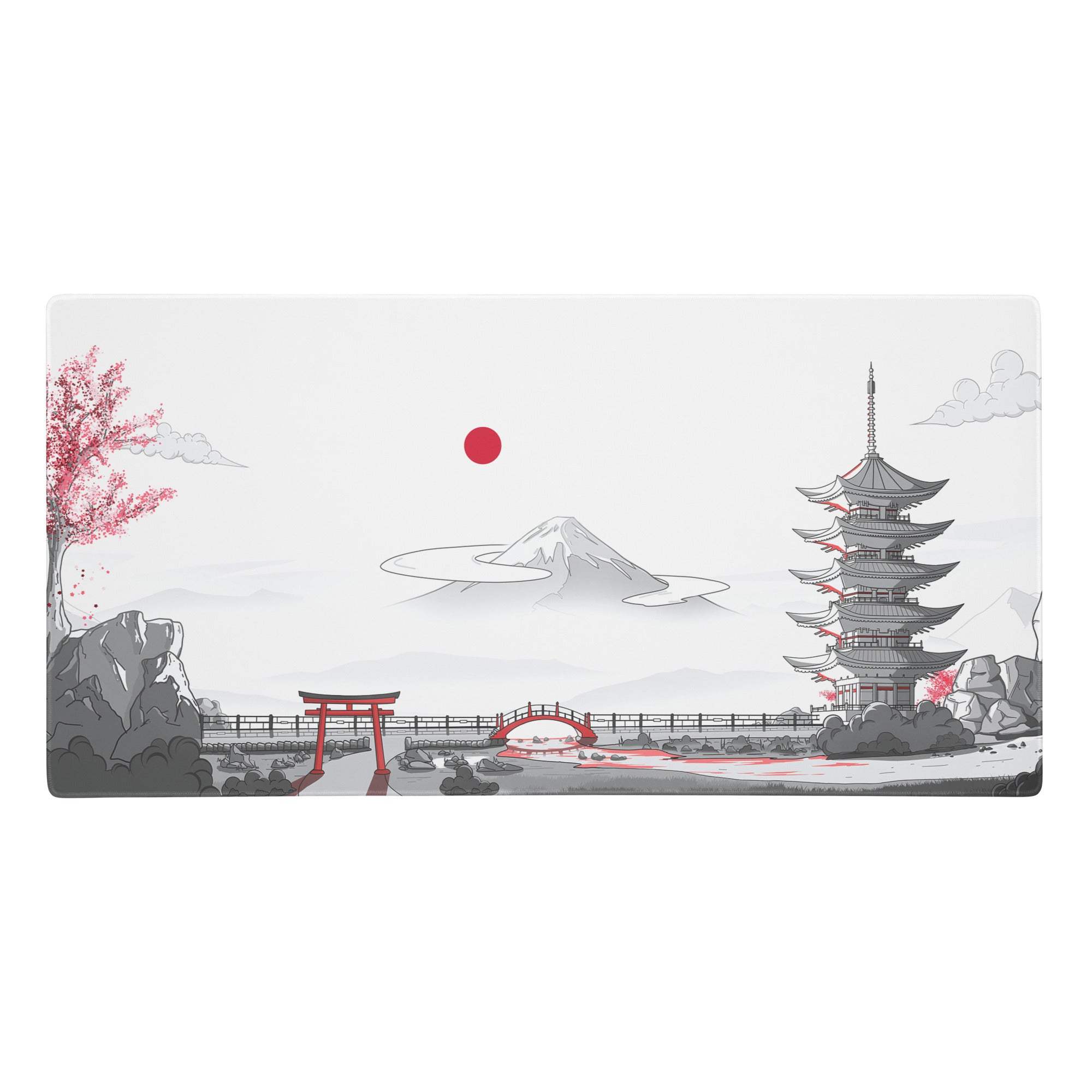Zen Sakura Horizon mouse pad with minimalist Japanese landscape in white and red featuring Mount Fuji and cherry blossoms
