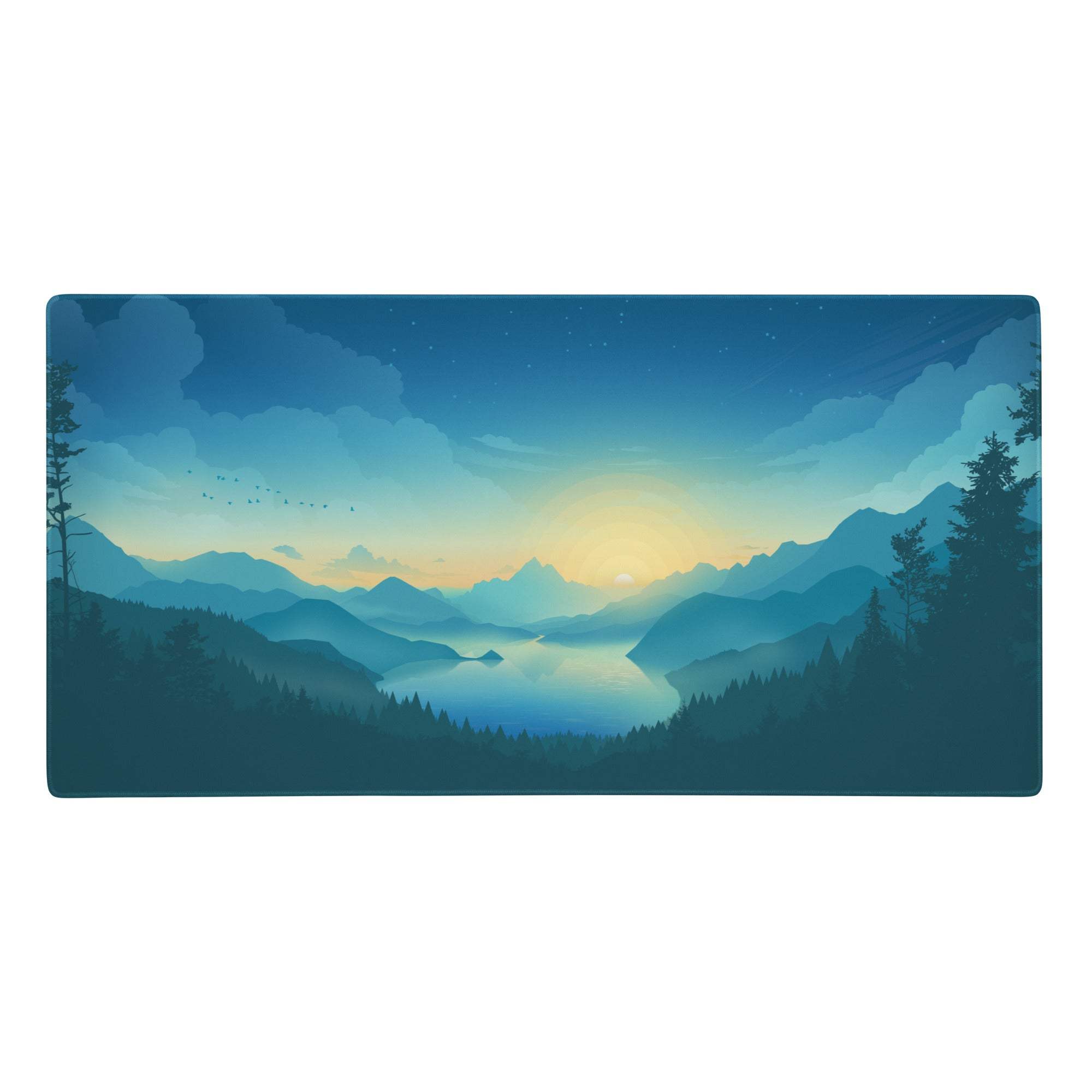 Rectangular mousepad with serene mountain landscape and blue gold gradient reflecting sunrise calm minimalist design