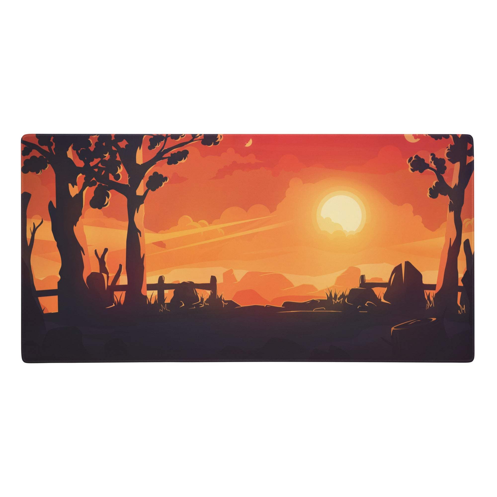 Rectangular sunset landscape pro gaming mouse pad with orange red tones, silhouetted trees, and distant mountains digital print