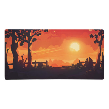 Rectangular sunset landscape pro gaming mouse pad with orange red tones, silhouetted trees, and distant mountains digital print
