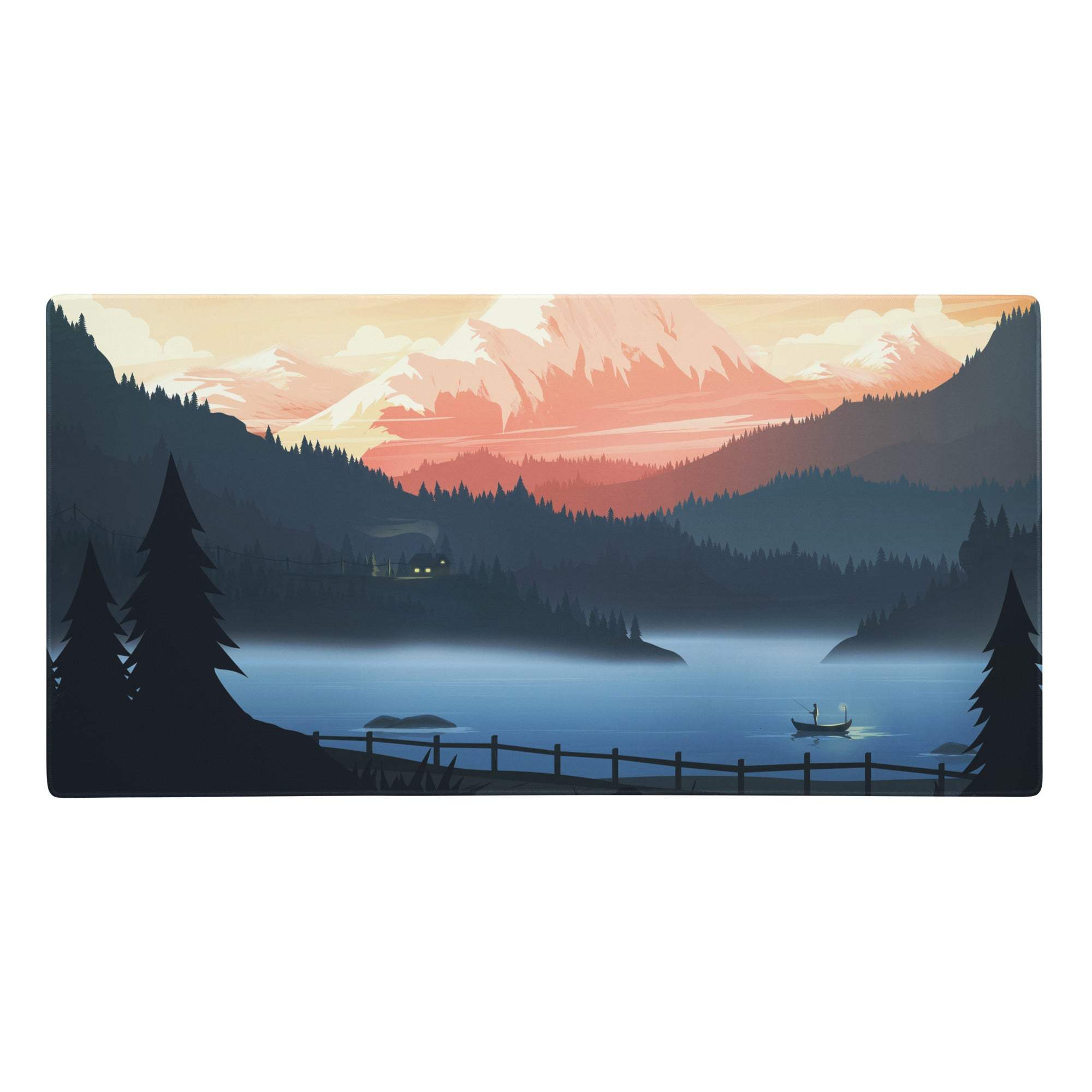 Rectangular desk mat features a serene mountain lake scene with pink and orange sunset hues and silhouetted pine trees