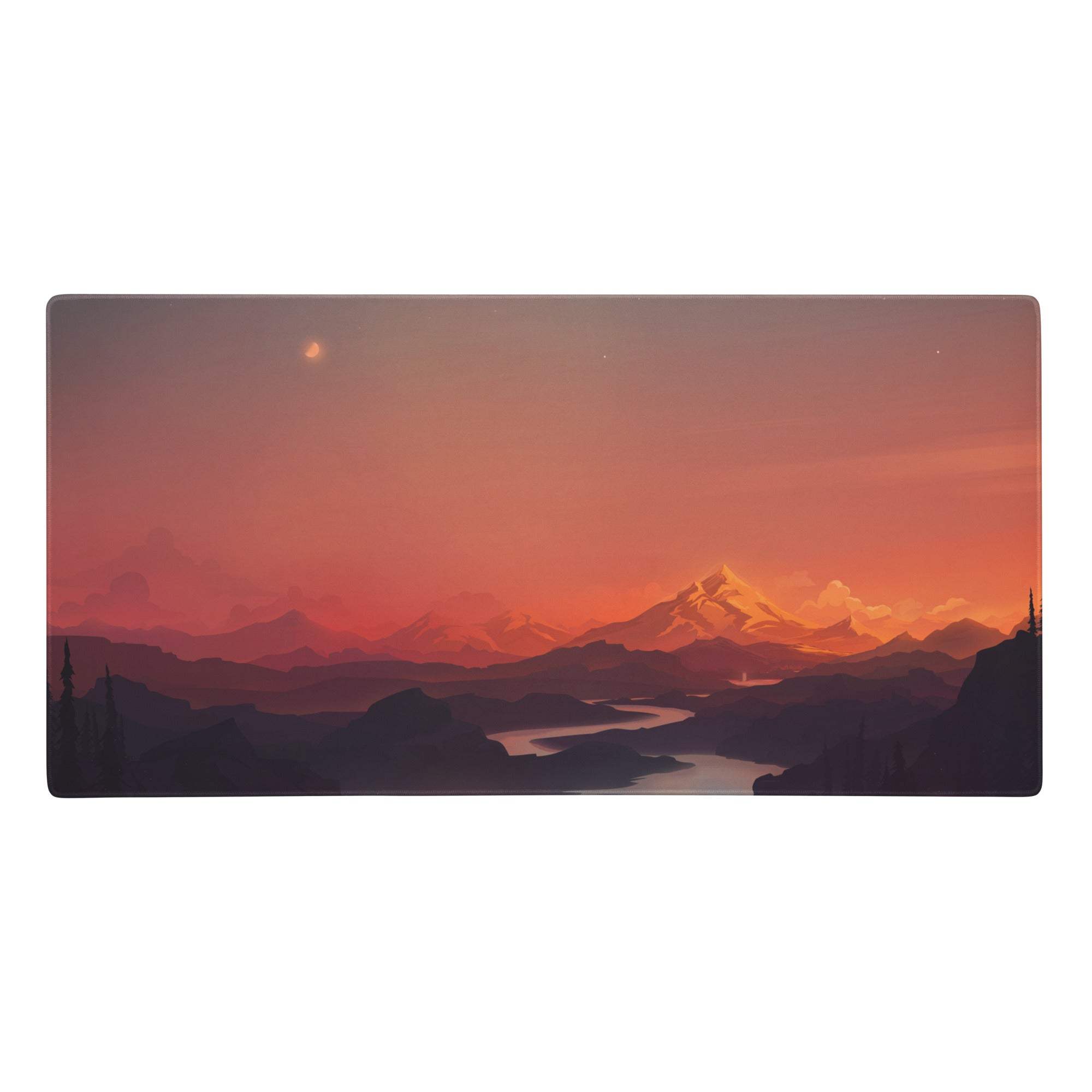 Rectangular gaming mouse pad with sunset mountain landscape in warm orange and purple hues for calm mood desk setup