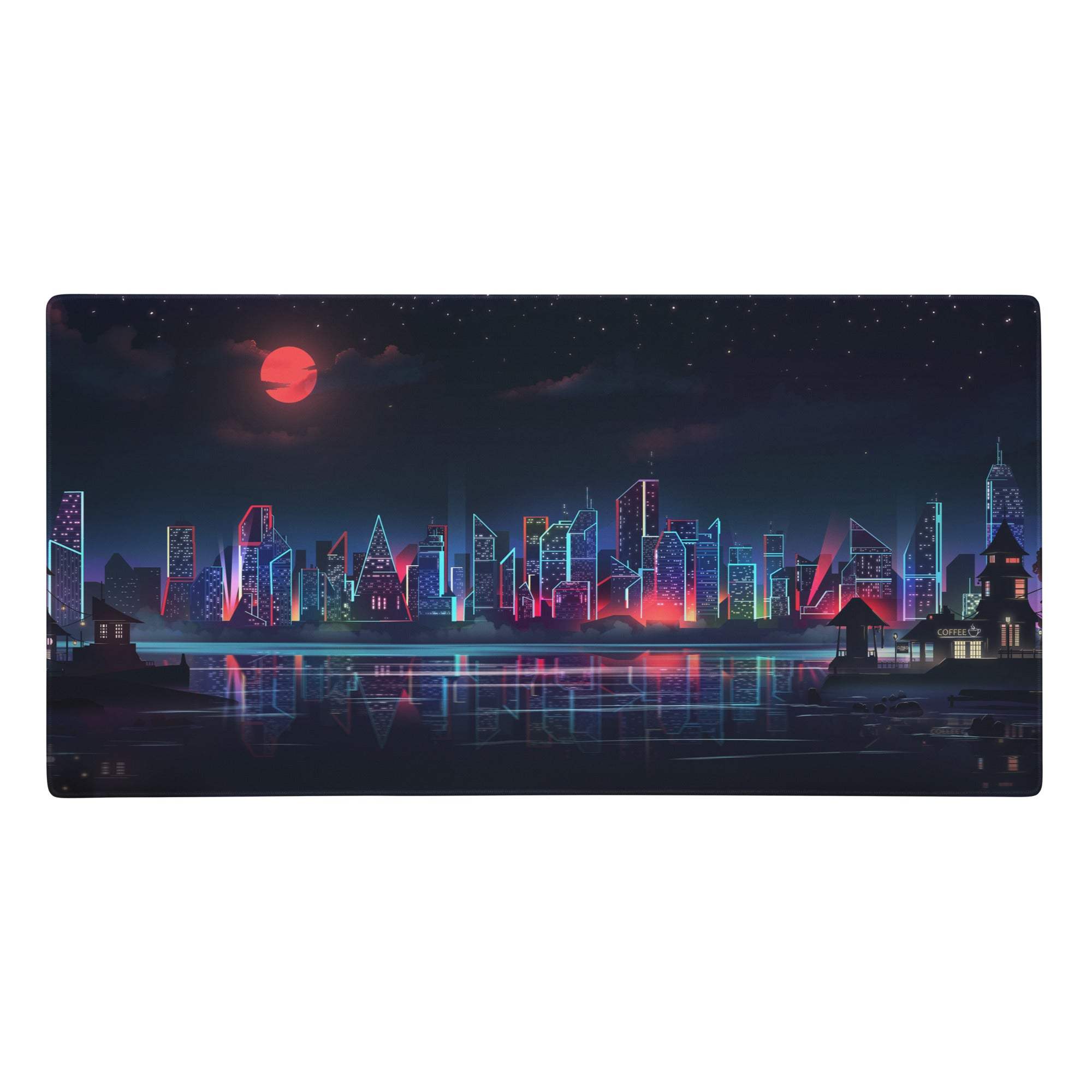 Neon city cyberpunk gaming mouse pad with vibrant neon pink and blue nebula cityscape under red moon and starry sky