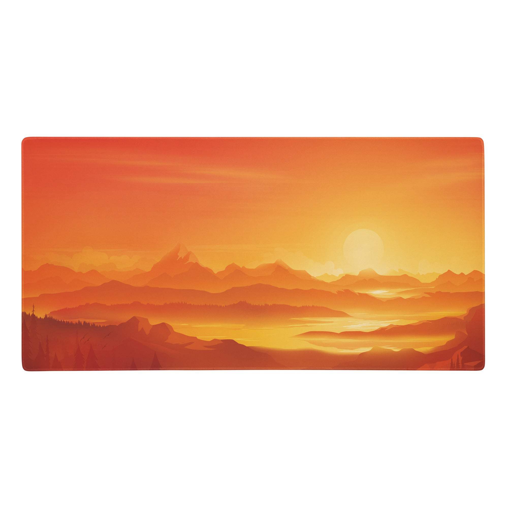 Rectangular mouse pad featuring a vibrant orange and yellow sunset over layered mountain ranges for warm desk setup
