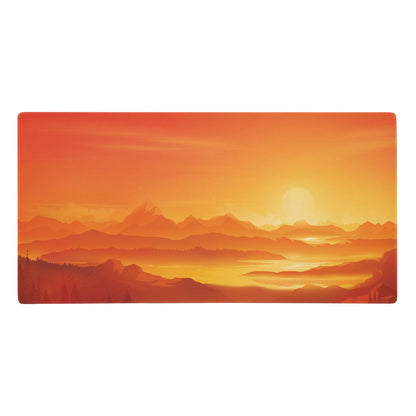 Rectangular mouse pad featuring a vibrant orange and yellow sunset over layered mountain ranges for warm desk setup