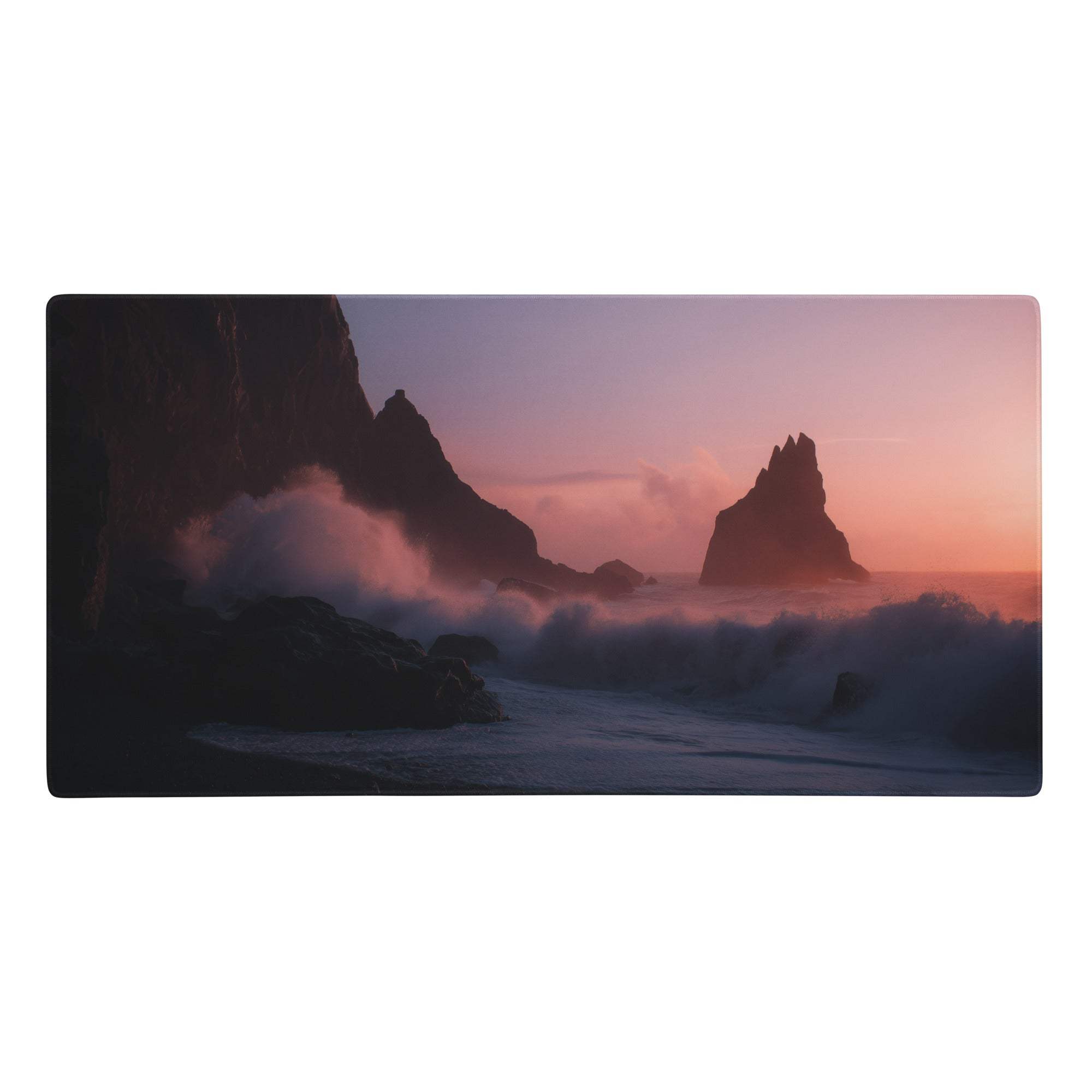 Rectangular desk mouse pad with printed sunset ocean seascape featuring pink, purple sky and dark rock silhouettes