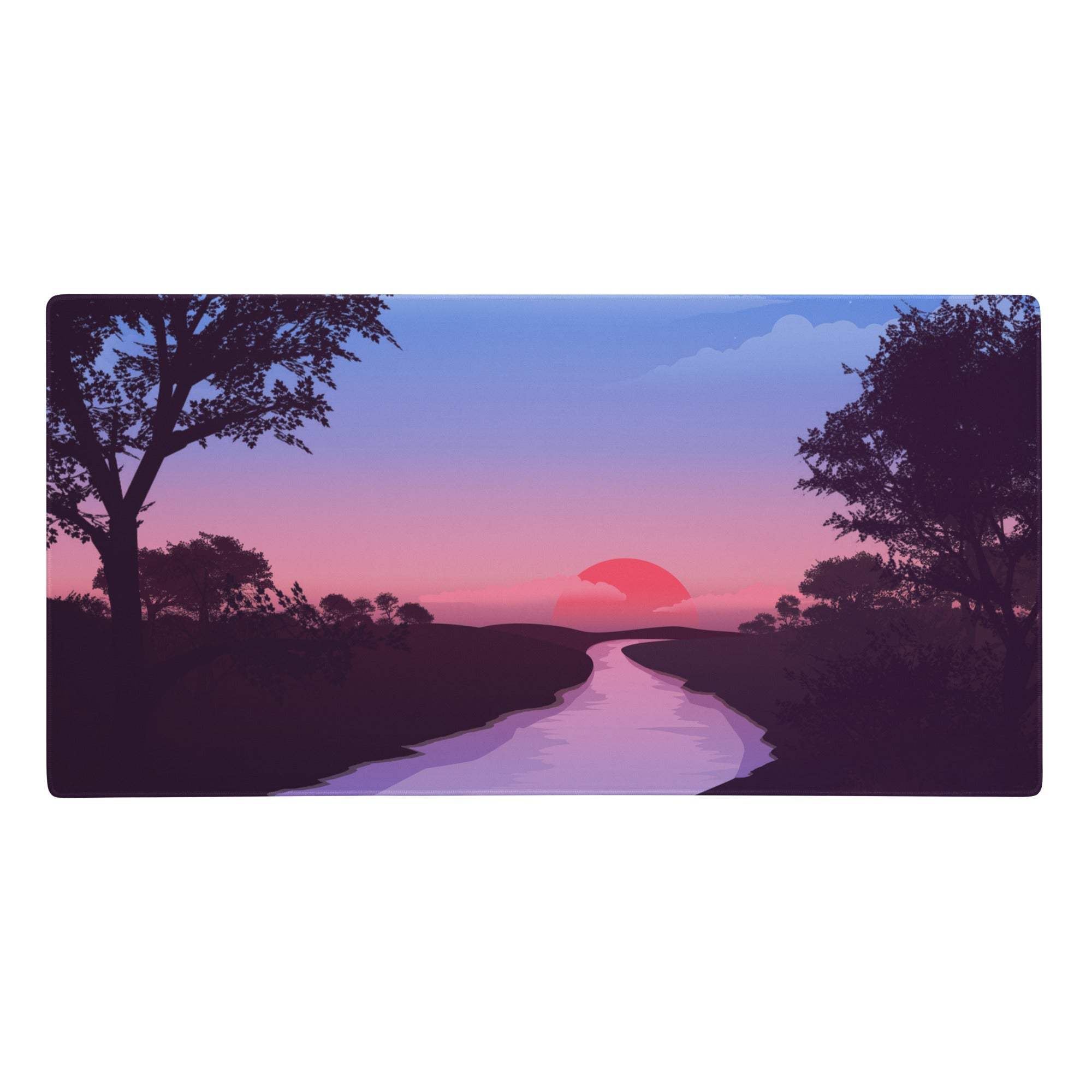 Dreamy sunset landscape mouse pad with a purple twilight gradient and stylized sunset featuring trees and a winding river