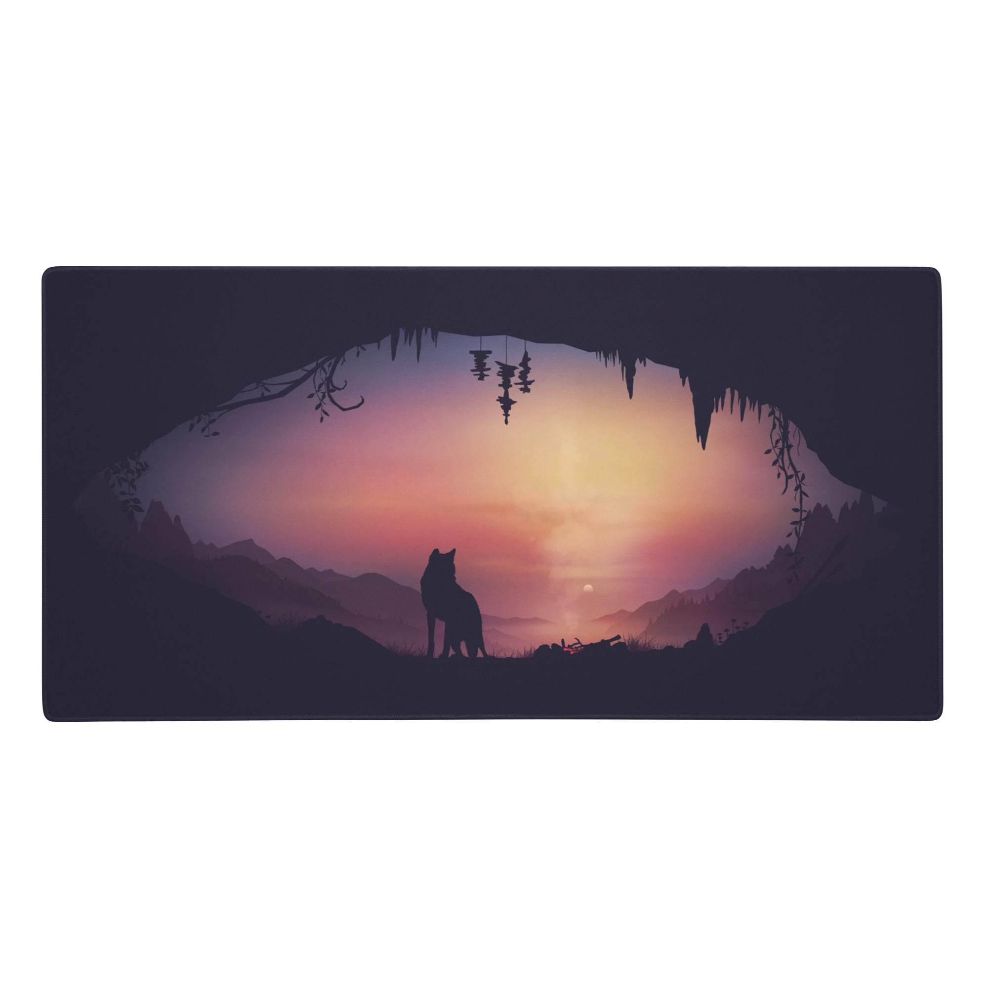 Rectangular gaming mousepad with nocturnal wolf silhouette, purple orange sunset, mountain and icicle details for desk decor