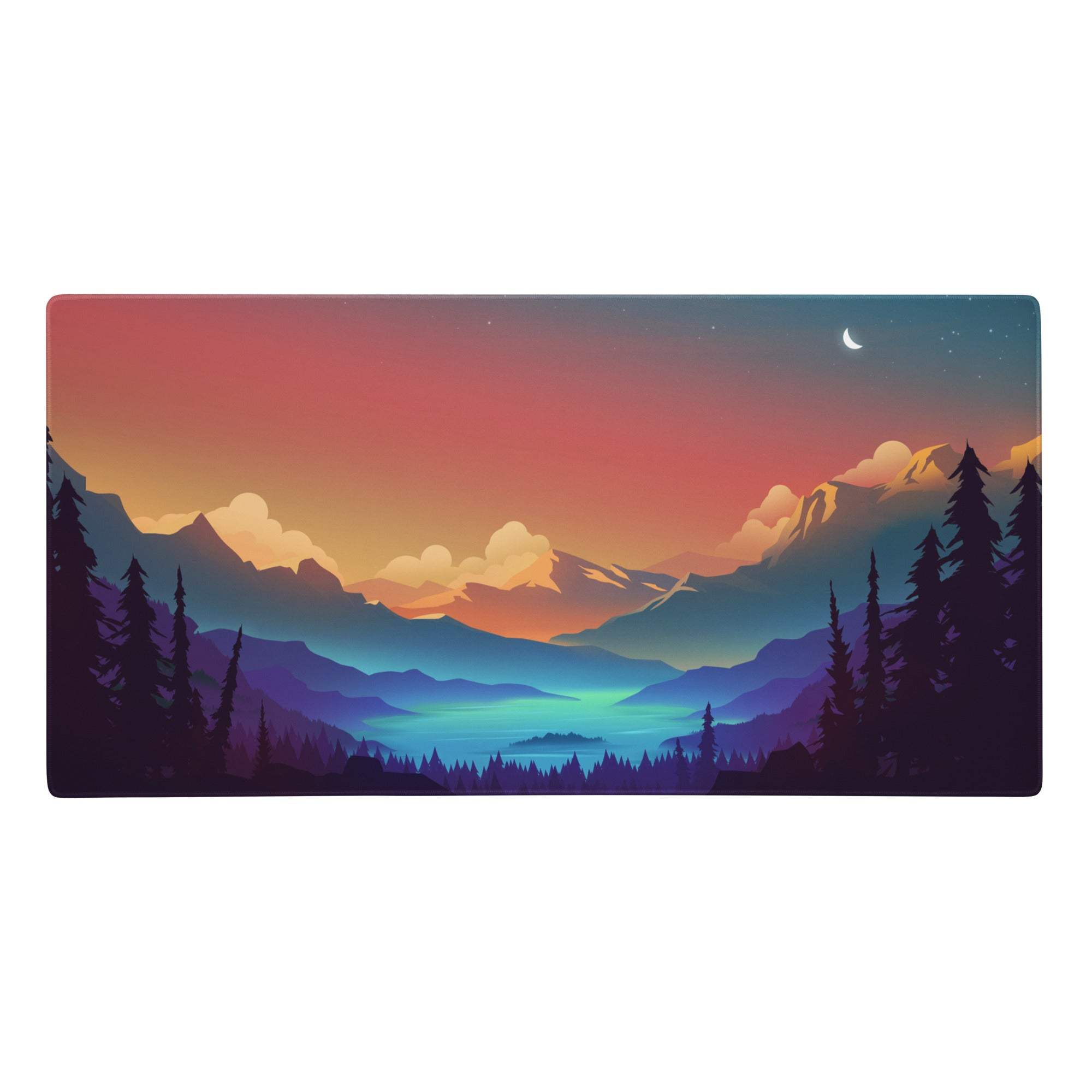Rectangular gaming mousepad featuring a vibrant stylized sunset mountain landscape in orange and blue tones with pine trees
