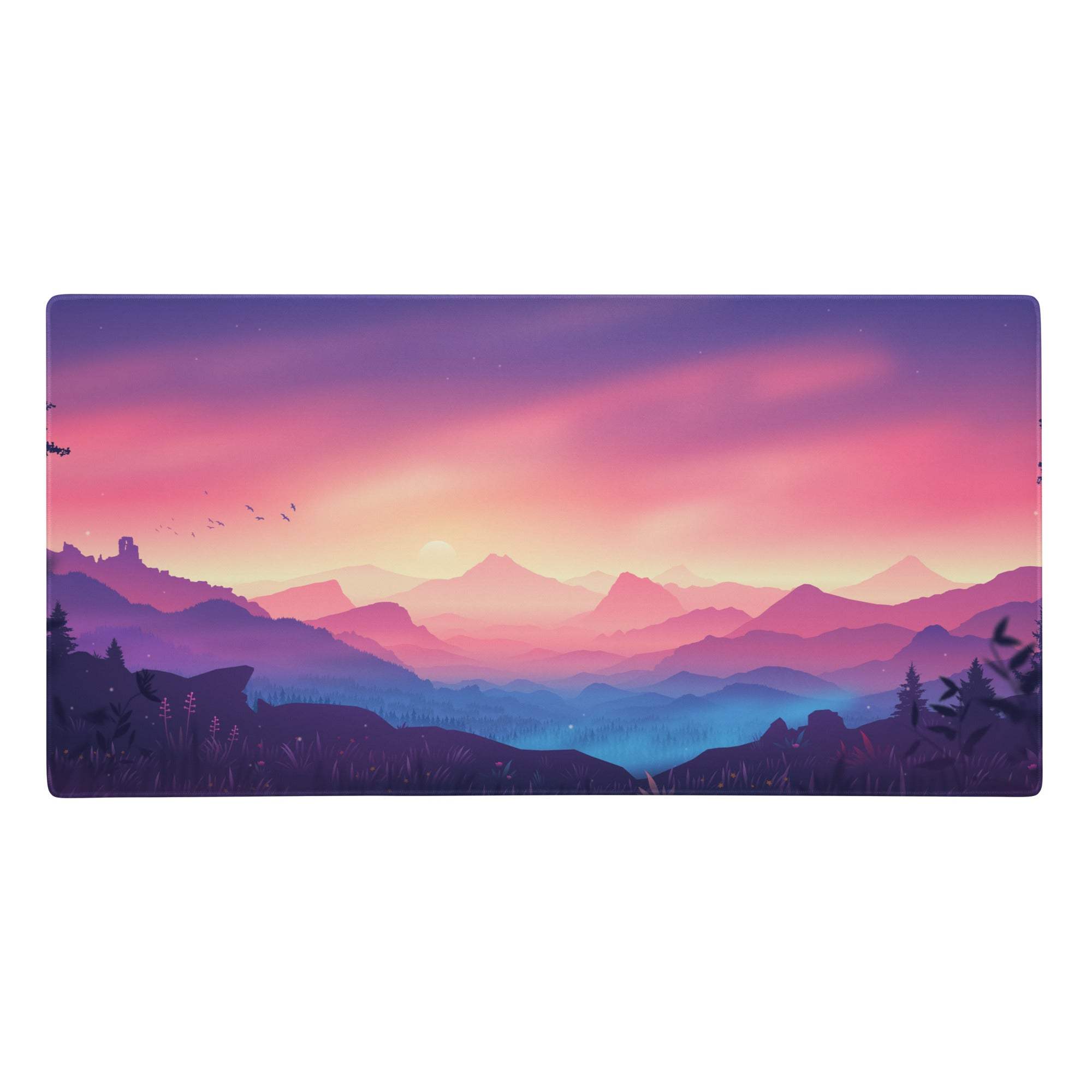 Rectangular gaming mousepad with vibrant gradient sunset over pink purple and blue layered mountain ranges for desk use