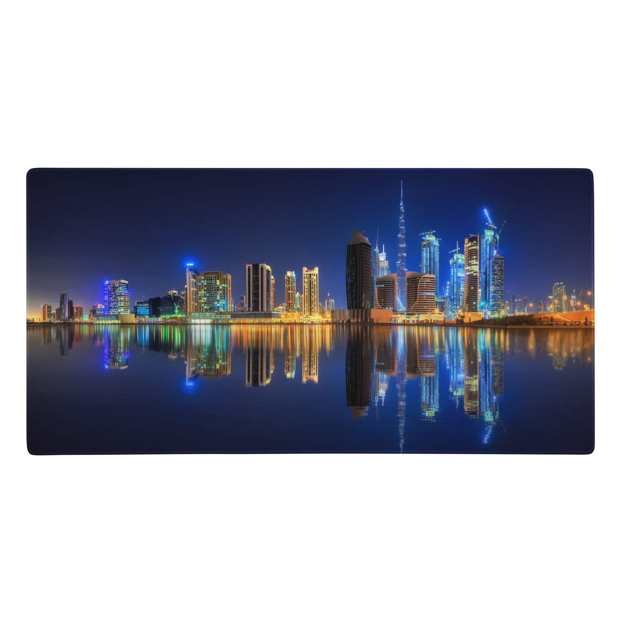Rectangular blue gaming mouse pad featuring a vibrant dubai night skyline with illuminated skyscrapers and reflections