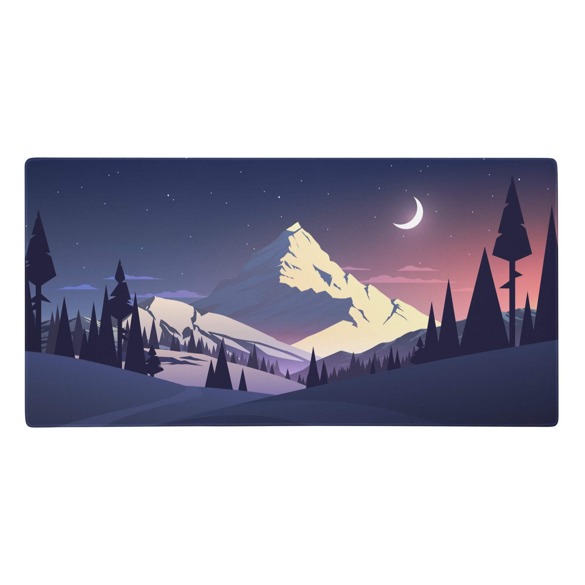 Night Mountain Vista gaming mouse pad with navy blue gradient featuring a stylized night mountain landscape