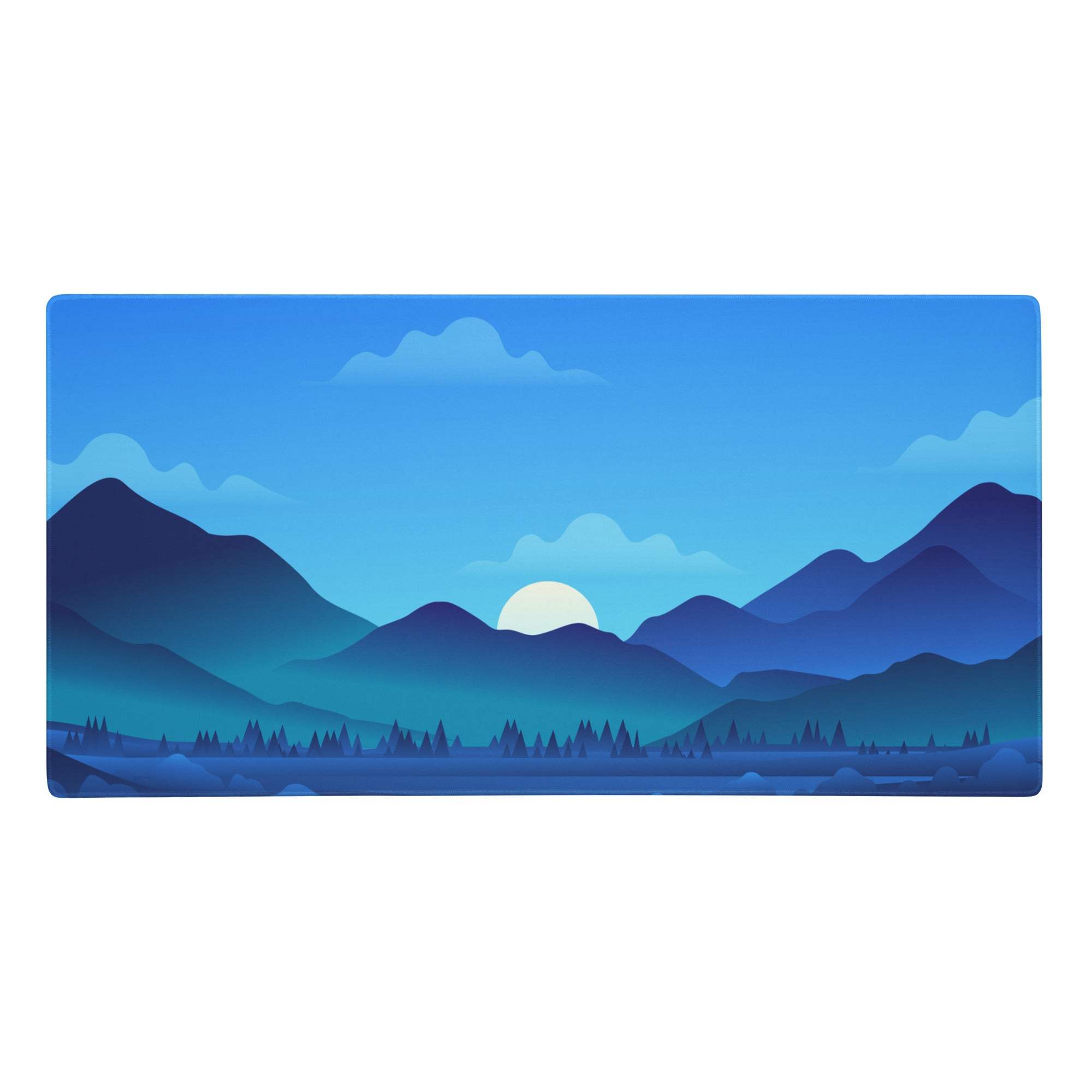 Blue mountain oasis gaming mouse pad with layered blue peaks soft white sun stylized trees and gradient sky design