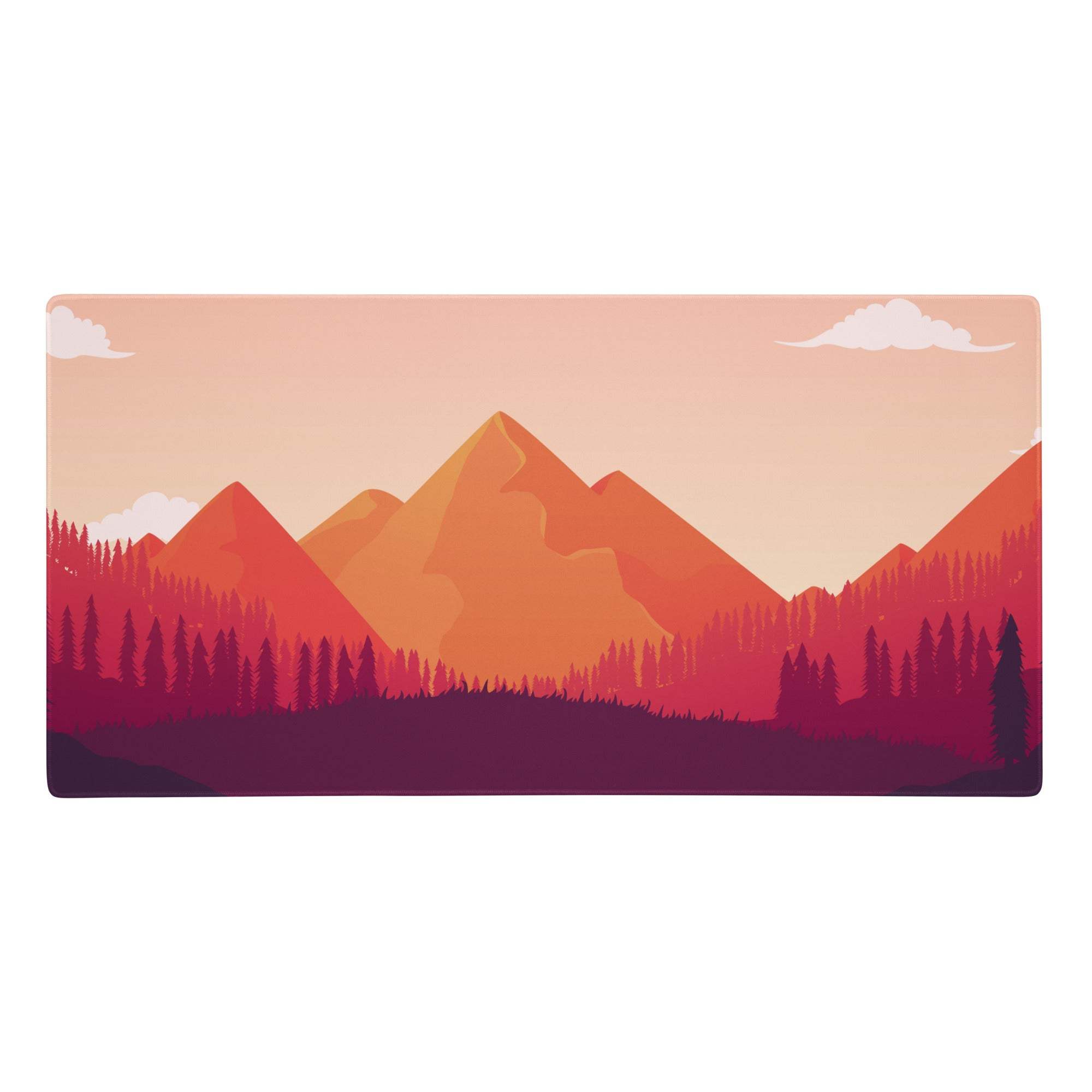 Sunset mountain gradient gaming mouse pad with warm orange and red layered peaks and silhouetted evergreen trees design