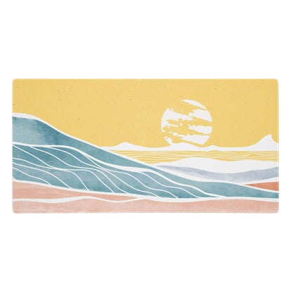 Rectangular ceramic tile mouse pad with stylized sunset over layered waves in soft yellow teal and peach tones
