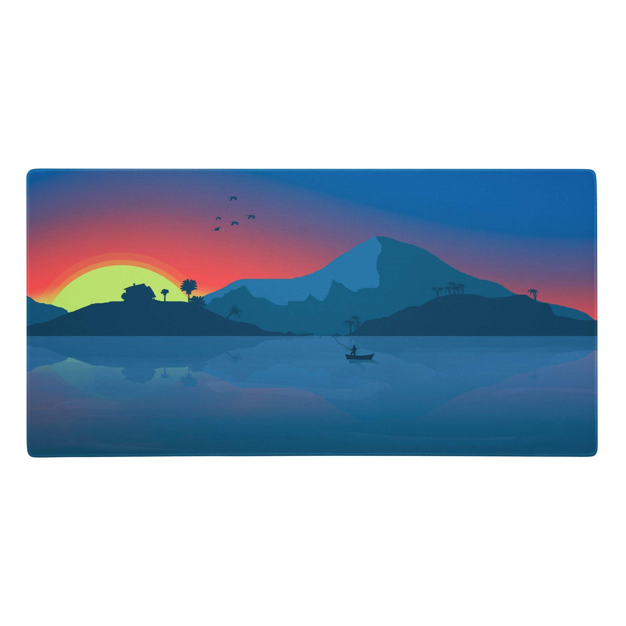 Calm coastal sunset gaming mouse pad with stylized sunset over mountains water birds trees and fisherman in blue gradient