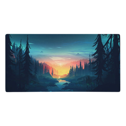 Rectangular forest sunset gaming mouse pad with teal blue non slip surface featuring dusk pine trees and reflective waterway design