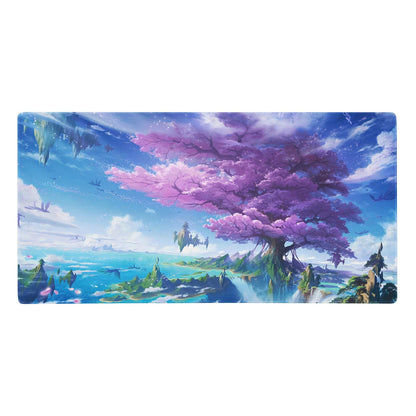 A rectangular 36x18 sakura skyline desk pad with a purple cherry blossom tree and floating islands in blue and pink colors