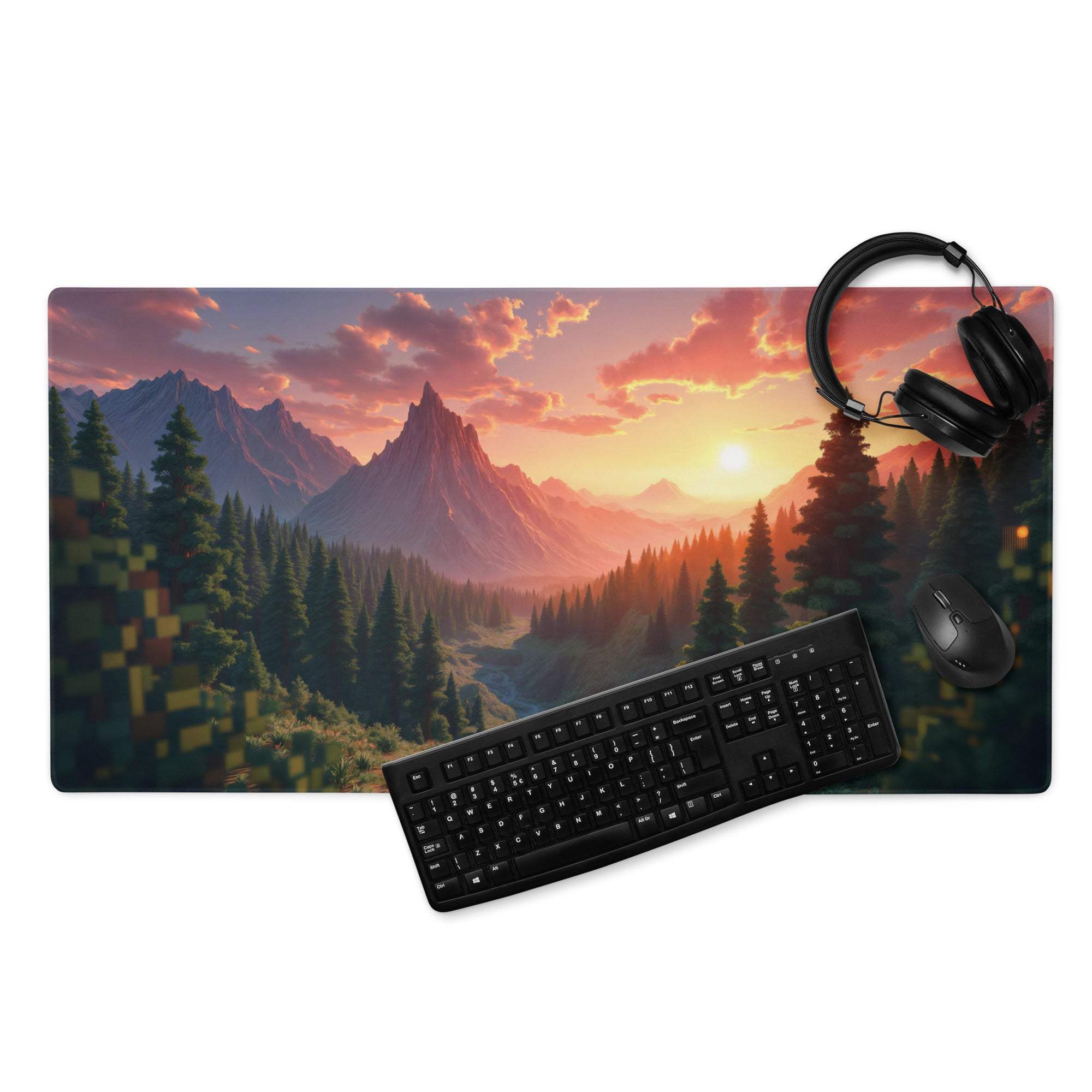 Vibrant sunset mountain pixel-art gaming mousepad with non-slip base
