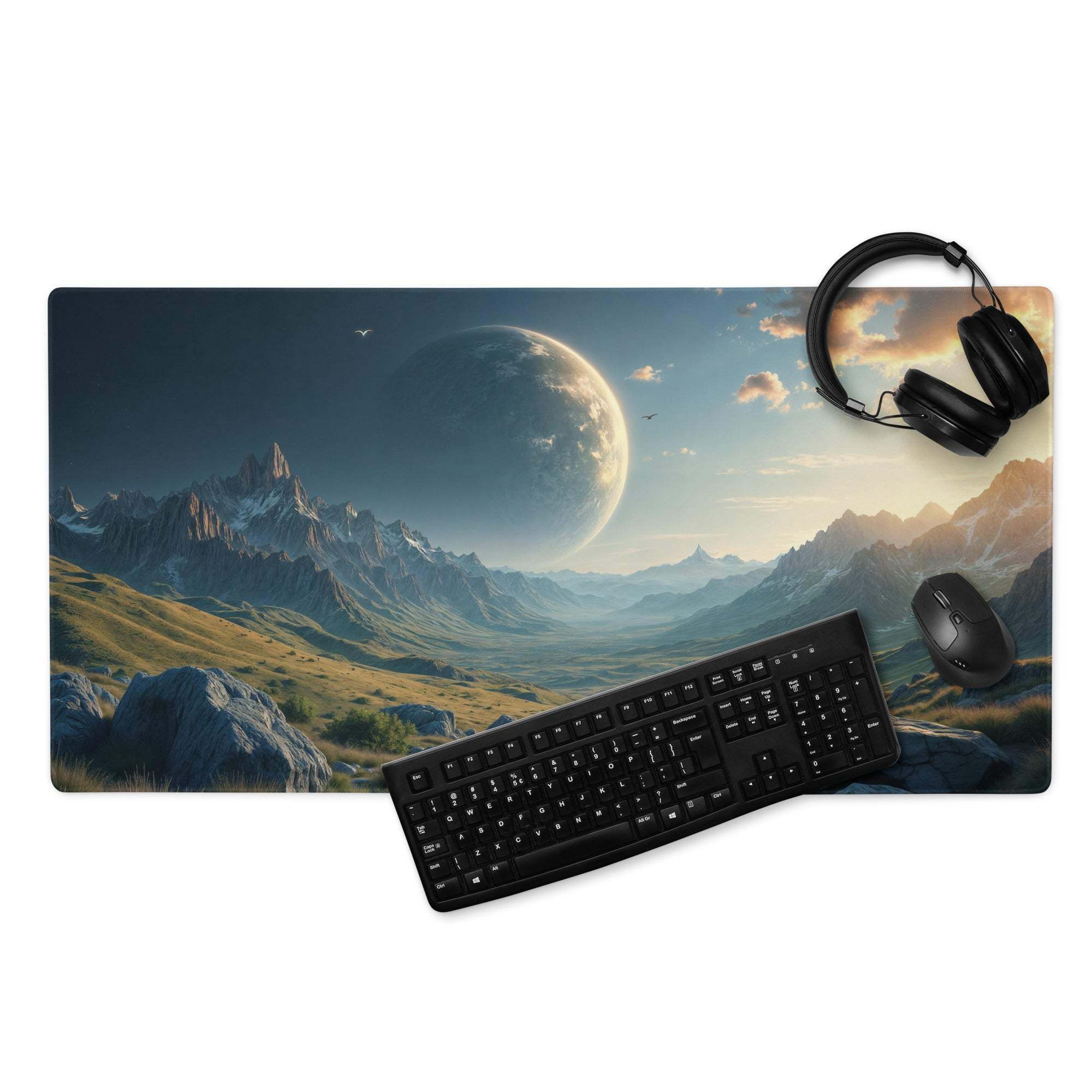 Epic sci-fi mountain landscape gaming mouse pad with planet sunset