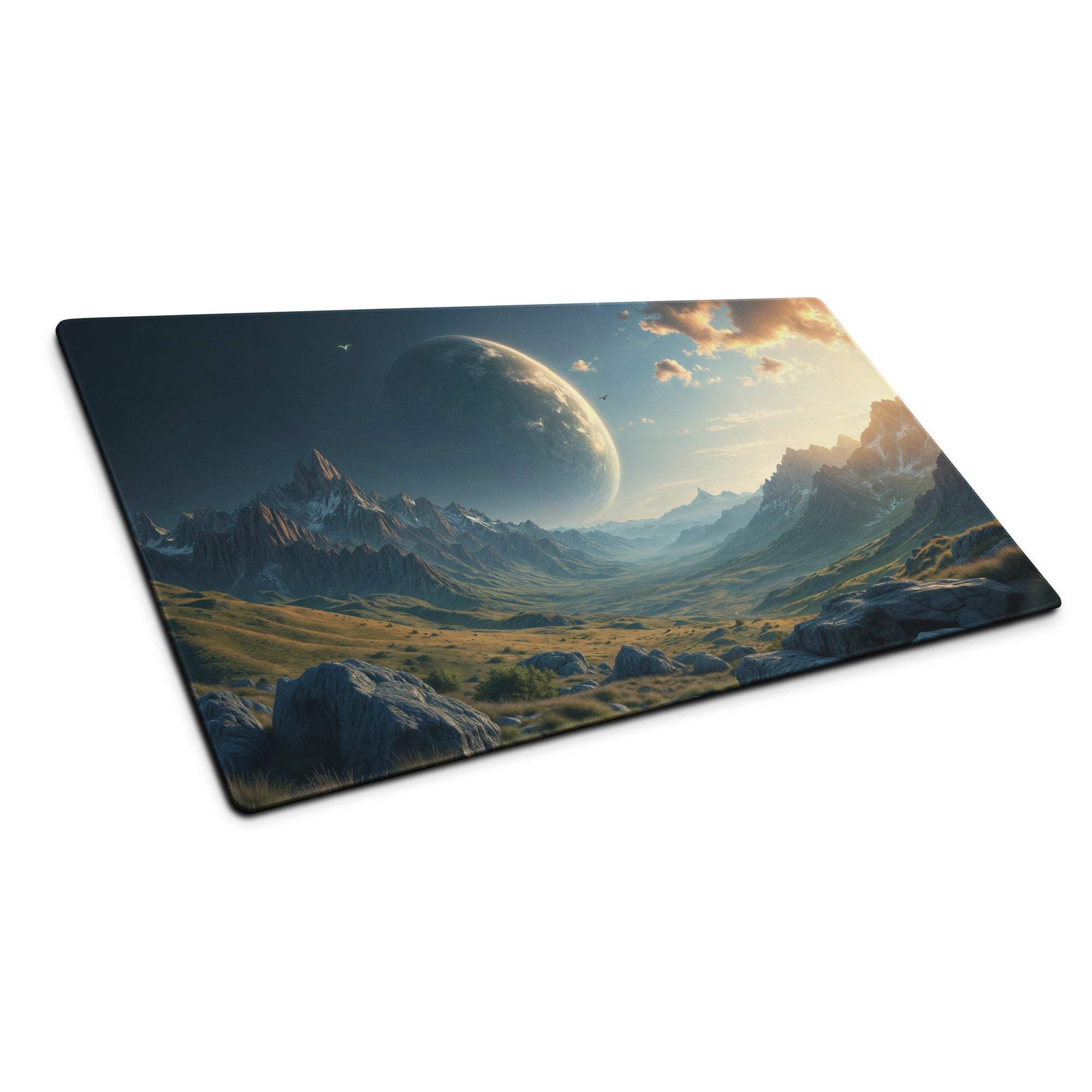 Epic sci-fi mountain landscape gaming mouse pad with alien sunset