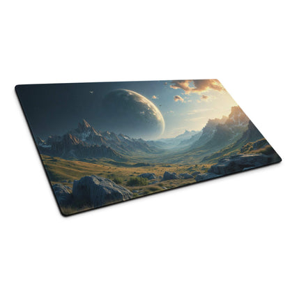 Epic sci-fi mountain landscape gaming mouse pad with alien sunset
