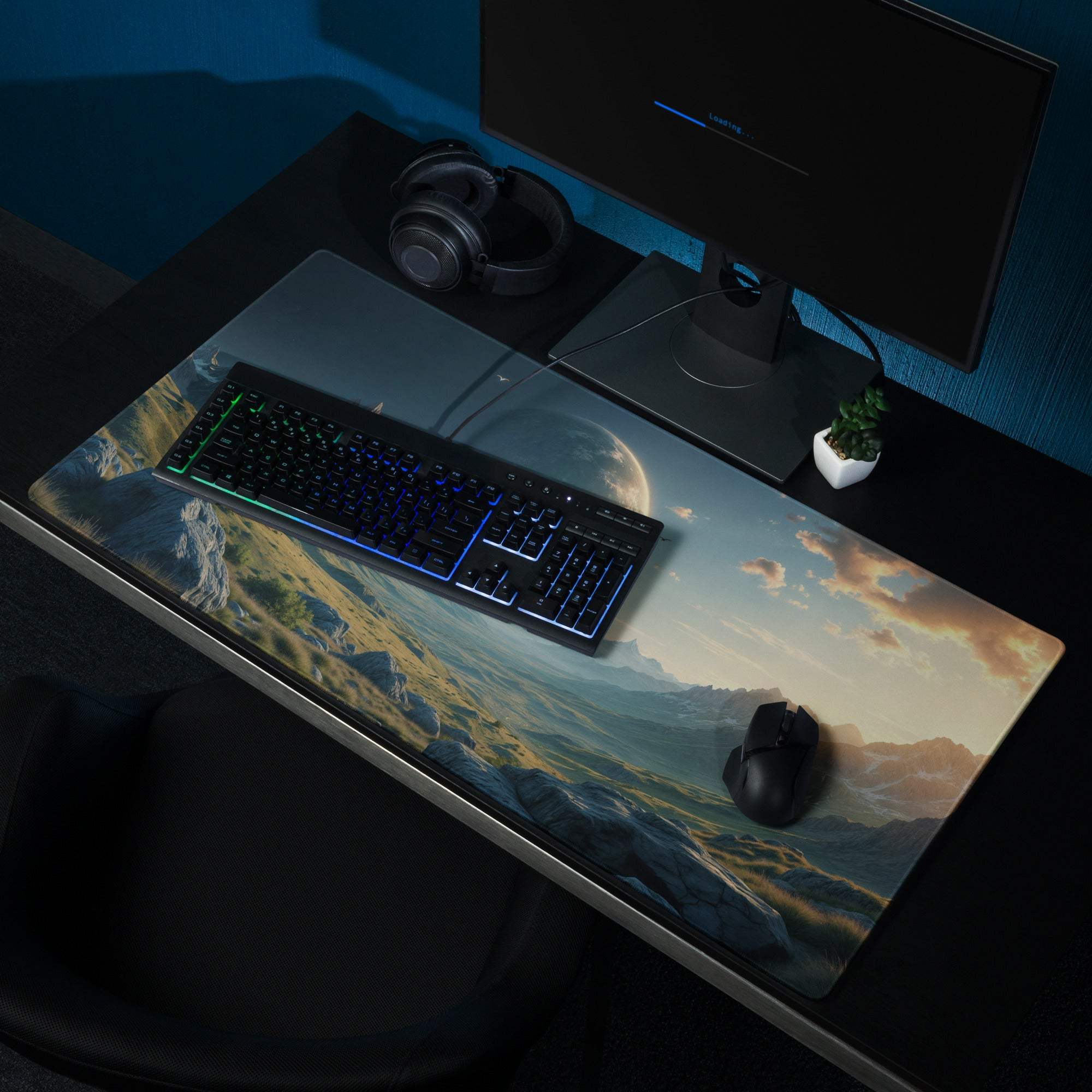 Epic sci-fi mountain landscape with celestial planet sunset gaming mouse pad