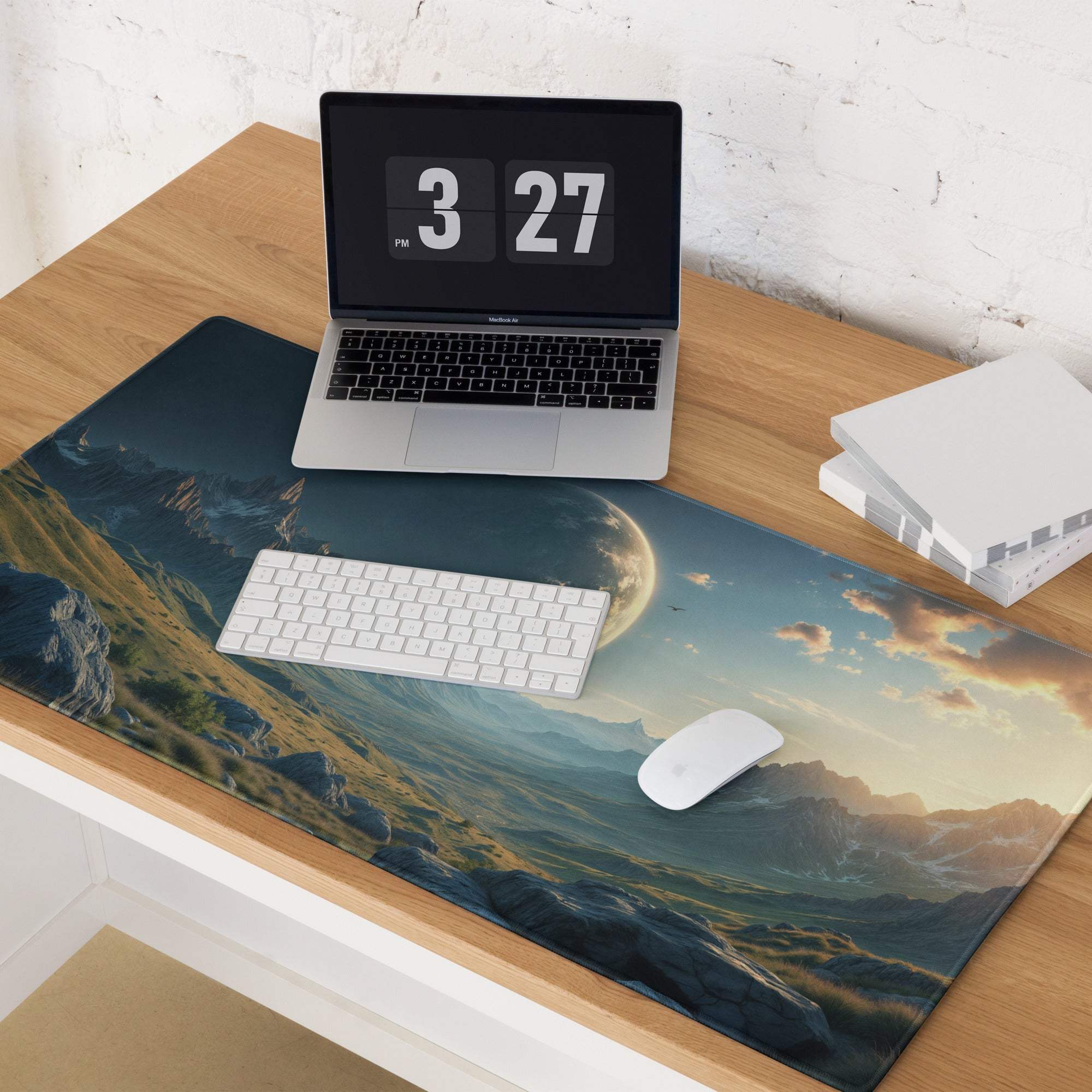 Epic sci-fi mountain landscape gaming mouse pad with twilight moon