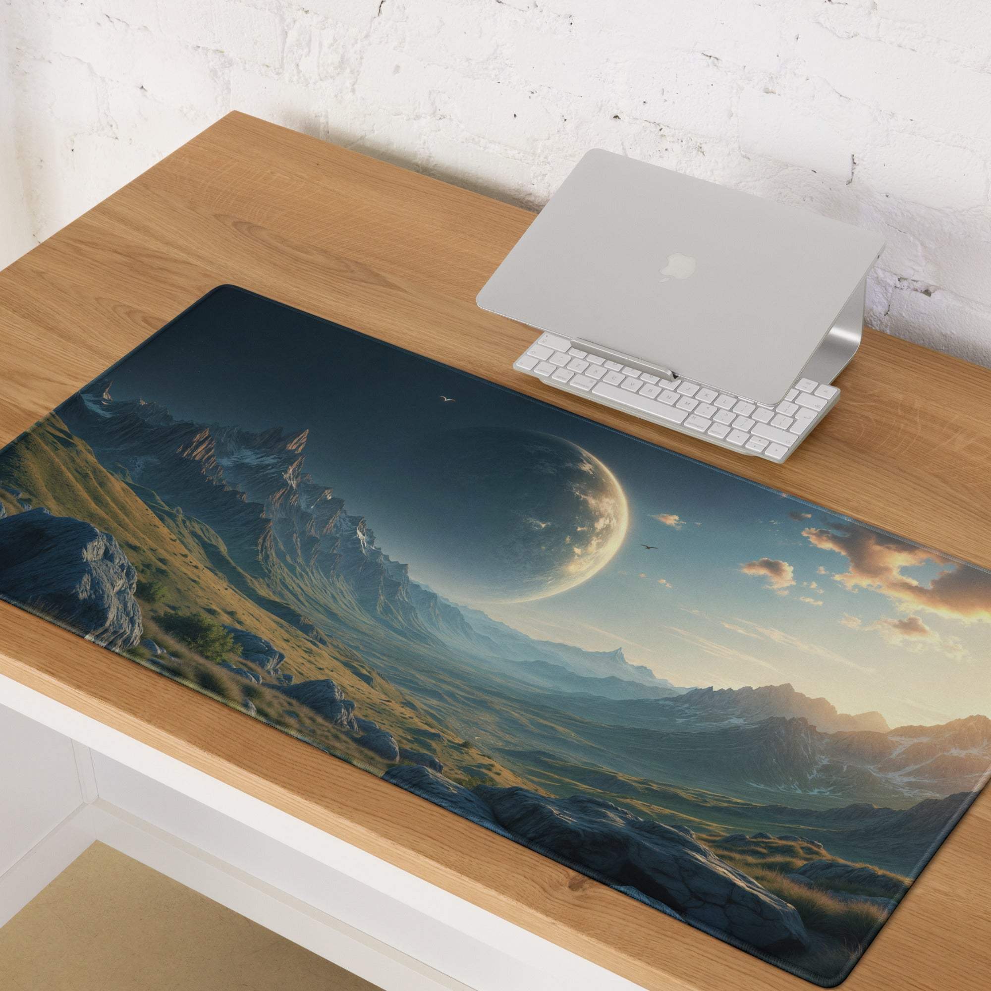 Epic sci-fi mountain landscape with celestial planet sunset gaming mouse pad