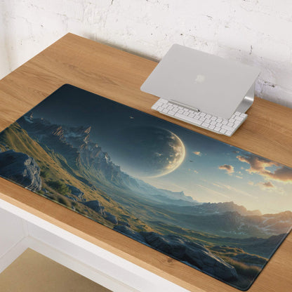 Epic sci-fi mountain landscape with celestial planet sunset gaming mouse pad