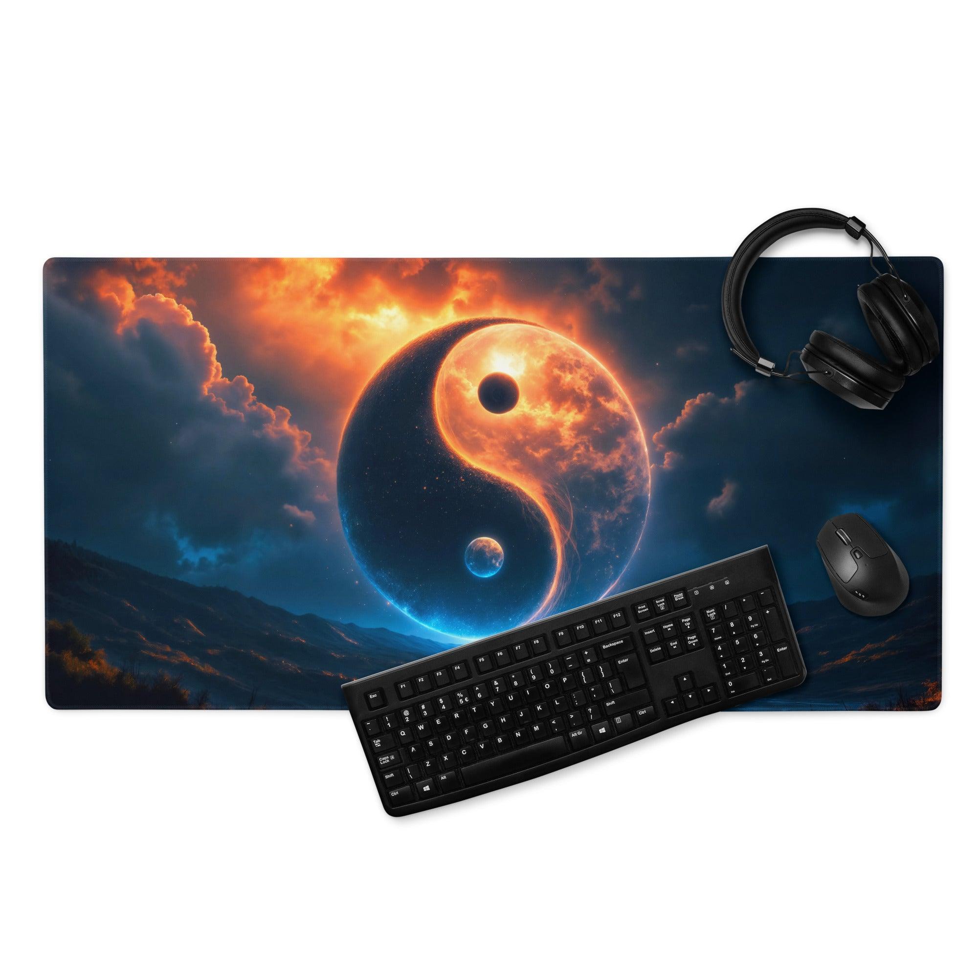 Epic yin yang cosmic night blue orange glow gaming mouse pad