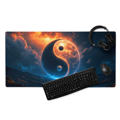 Epic yin yang cosmic night blue orange glow gaming mouse pad