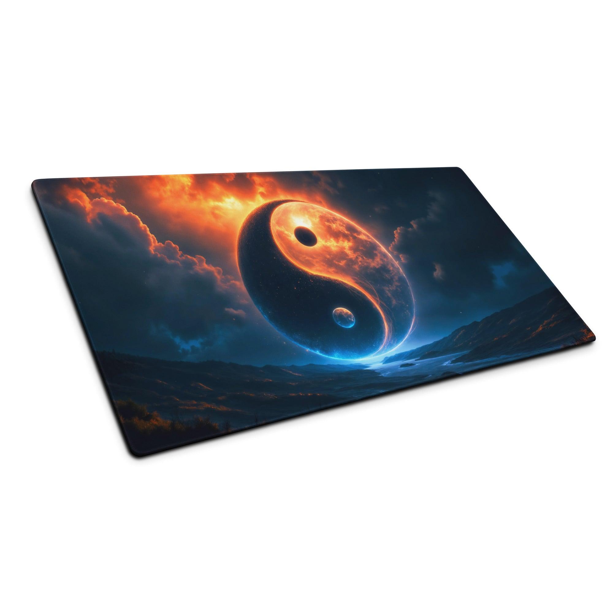 Epic yin yang cosmic night blue orange glow gaming mouse pad