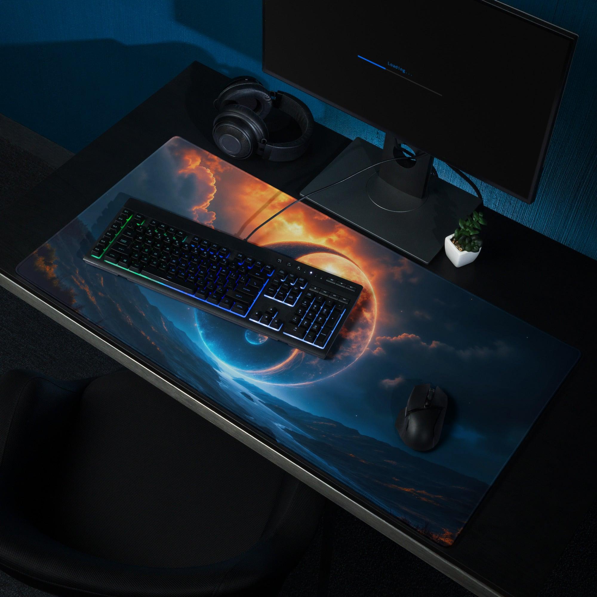 Epic Yin Yang cosmic night blue orange glow gaming mousepad nebula