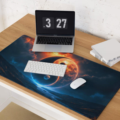 Epic yin yang cosmic night blue orange glow gaming mouse pad with nebula design