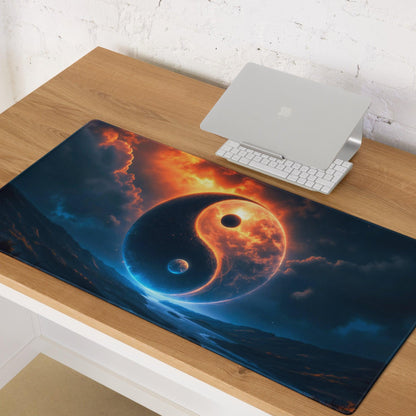 Vibrant cosmic yin-yang gaming mousepad in blue orange glow, non-slip base