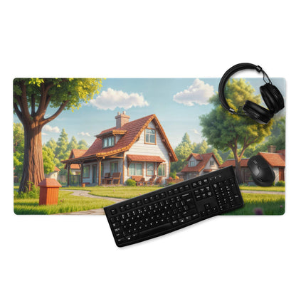 Pastoral village gaming mouse pad with cozy house, keyboard, mouse