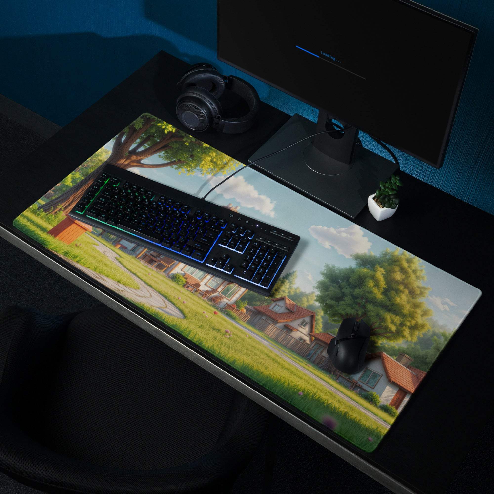 Pastoral Village Landscape Gaming Mouse Pad with Sunny Countryside Scene