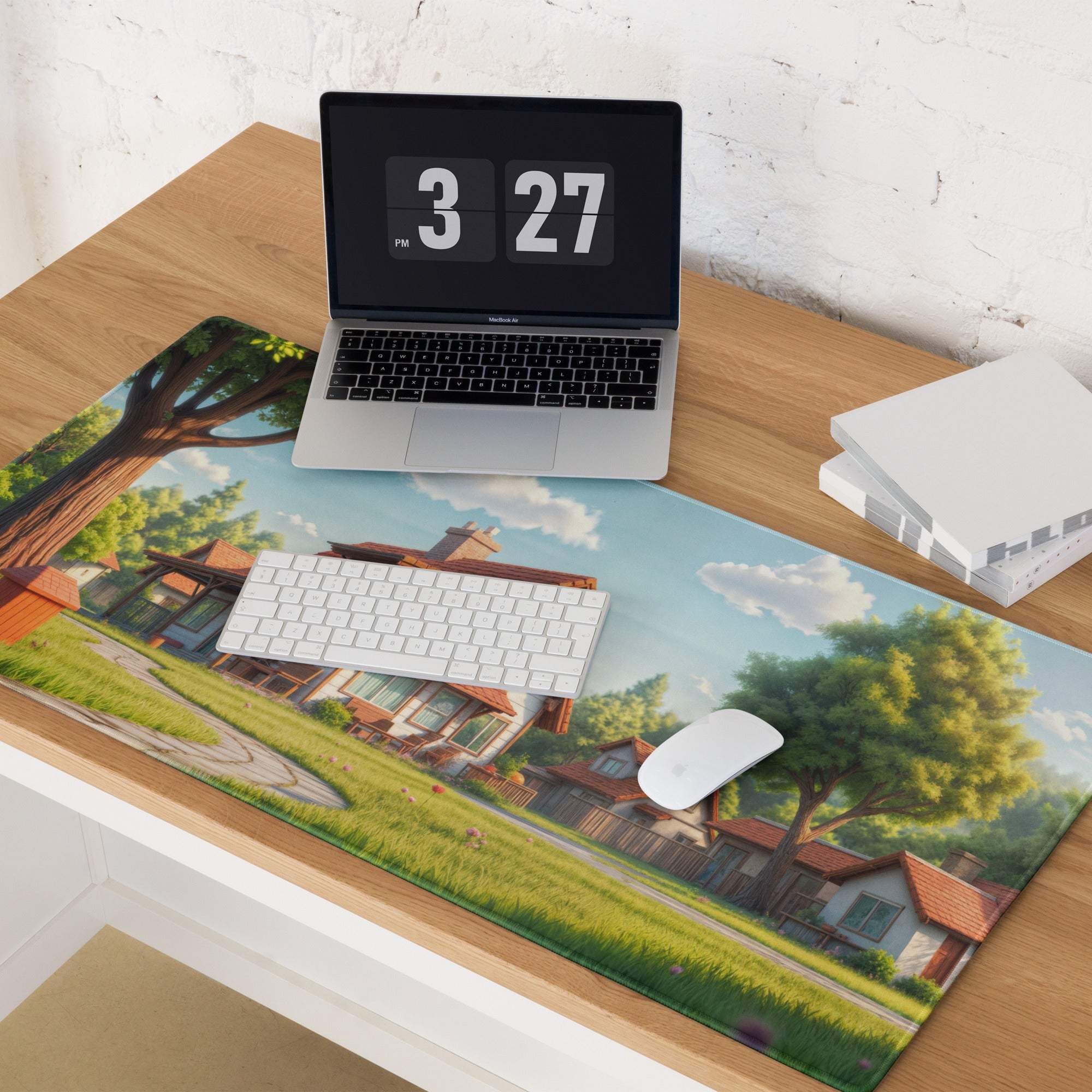 Pastoral village gaming mouse pad with cozy houses trees and clouds