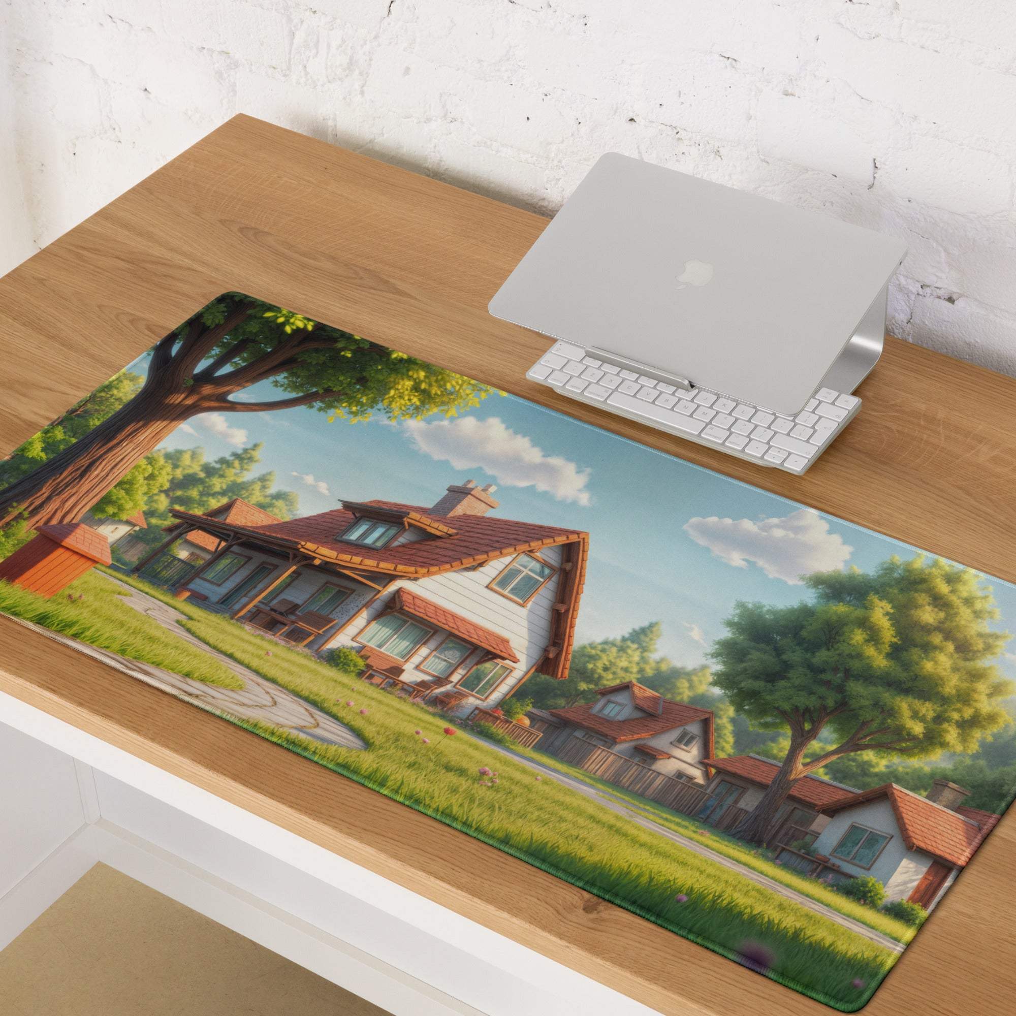 Pastoral Village Landscape gaming mouse pad with cozy house illustration