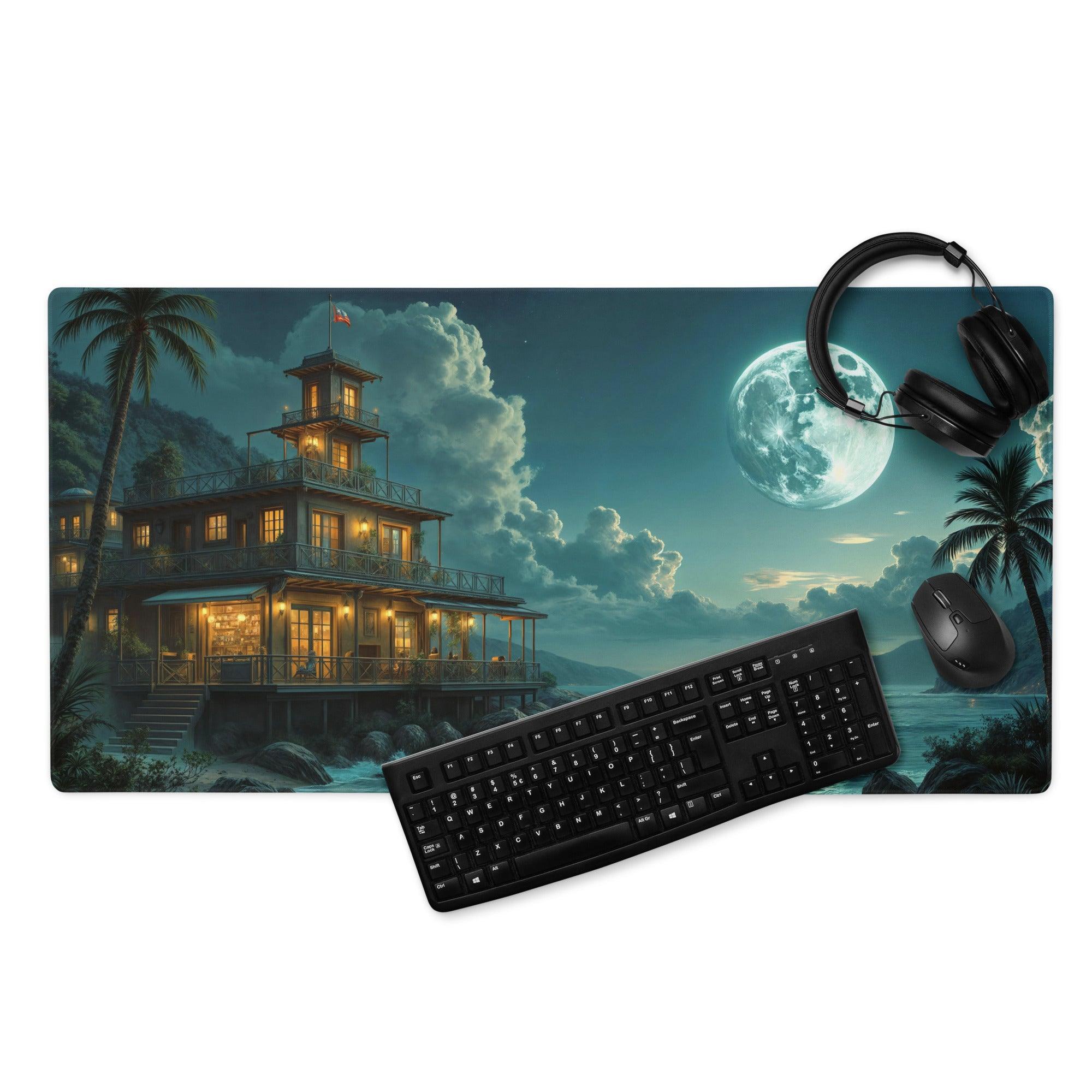 Dreamy moonlit seaside house gaming mouse pad with tropical mansion design