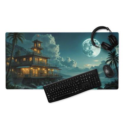 Dreamy moonlit seaside house gaming mouse pad with tropical mansion design