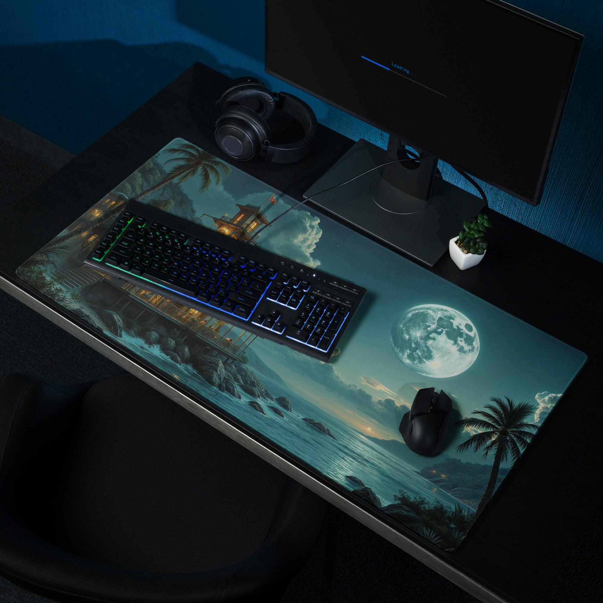 Dreamy moonlit seaside gaming mouse pad with tropical beach, lighthouse